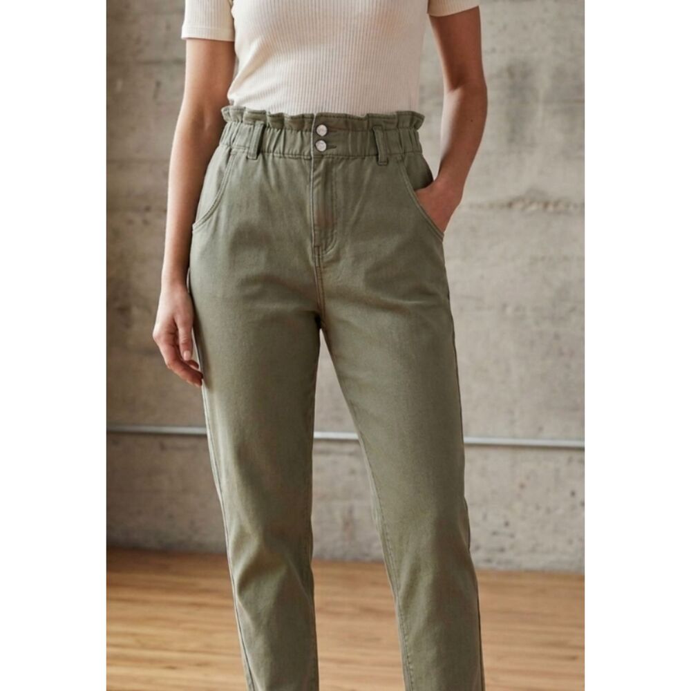 H&M High Waist Paperbag Raw Hem Pants Green Women's Size 6